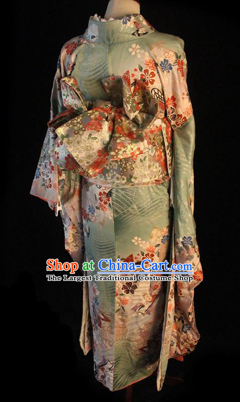 Japanese Traditional Wedding Bride Green Yukata Dress Asian Japan Court Printing Sakura Furisode Kimono Costume