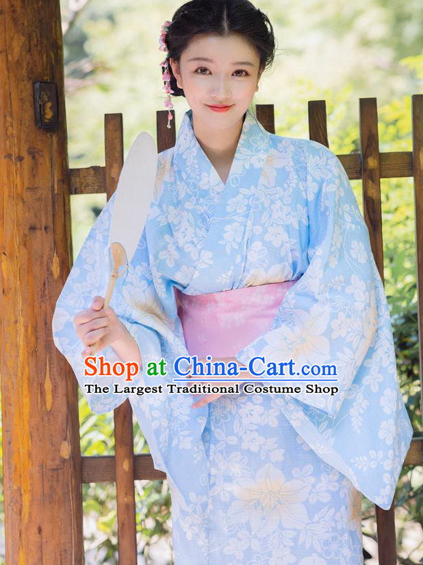 Japanese Traditional Printing Lily Flowers Yukata Dress Asian Japan Hanabi Taikai Kimono Clothing