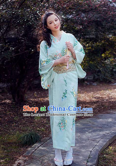 Japanese Traditional Young Lady Yukata Dress Asian Japan Summer Festival Printing Light Green Kimono Costume