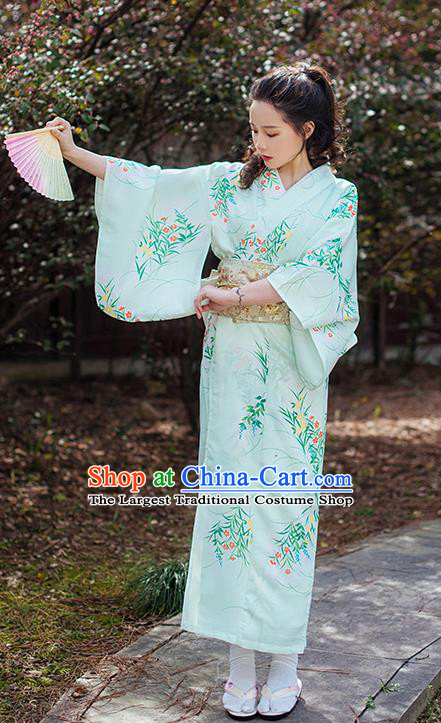 Japanese Traditional Young Lady Yukata Dress Asian Japan Summer Festival Printing Light Green Kimono Costume