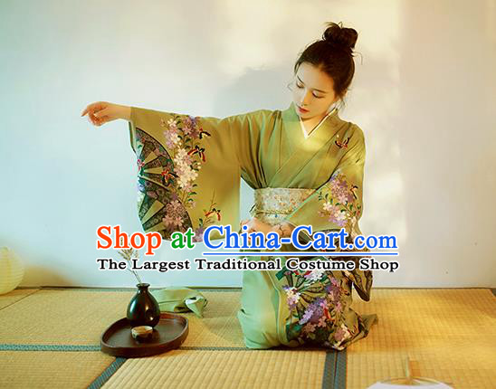 Japanese Traditional Summer Festival Young Lady Yukata Dress Asian Japan Printing Green Kimono Fashion