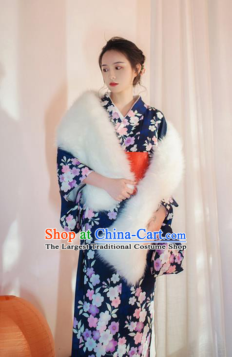 Japanese Traditional Printing Sakura Navy Yukata Dress Asian Japan Young Lady Kimono Fashion