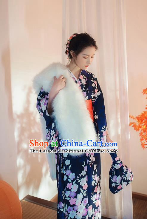 Japanese Traditional Printing Sakura Navy Yukata Dress Asian Japan Young Lady Kimono Fashion