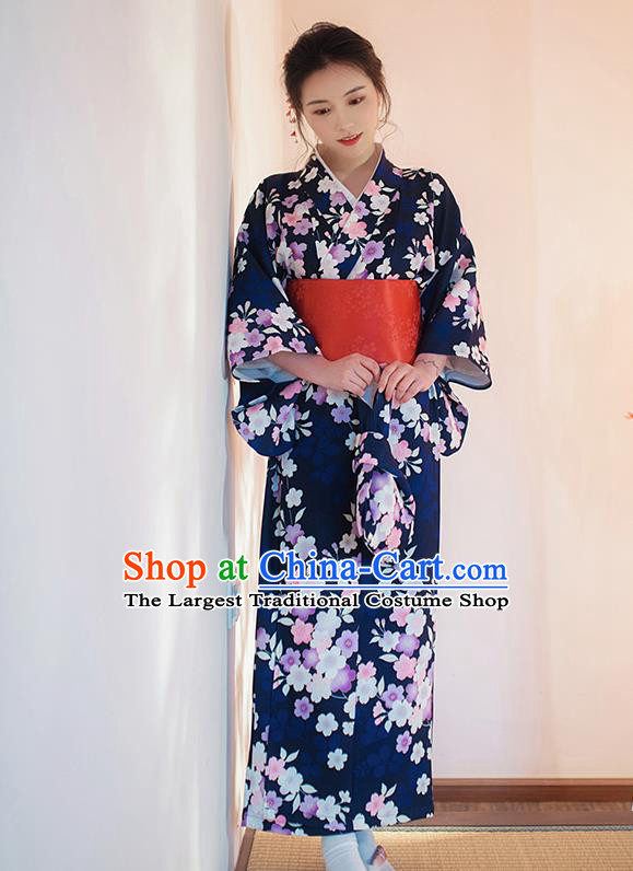Japanese Traditional Printing Sakura Navy Yukata Dress Asian Japan Young Lady Kimono Fashion