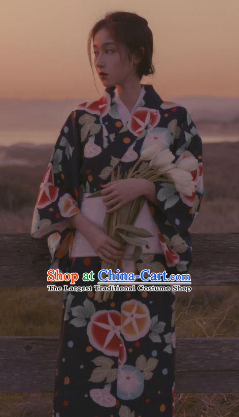 Asian Japan Young Lady Kimono Fashion Japanese Traditional Printing Petunia Navy Yukata Dress