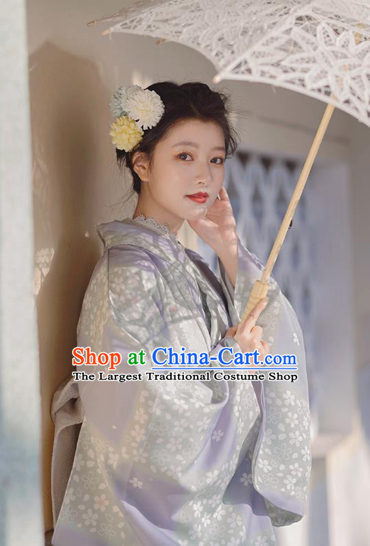 Japanese Traditional Young Lady Yukata Dress Asian Japan Printing Sakura Lilac Kimono Fashion