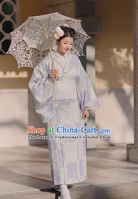 Japanese Traditional Young Lady Yukata Dress Asian Japan Printing Sakura Lilac Kimono Fashion