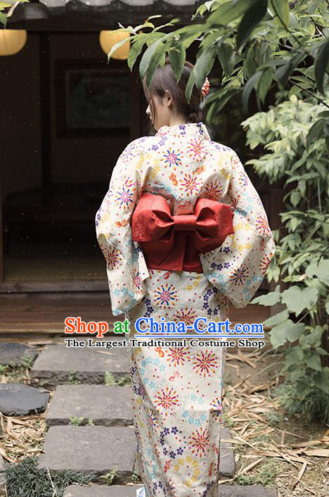 Asian Japan Printing Fairworks Beige Kimono Fashion Japanese Traditional Hanabi Taikai Yukata Dress