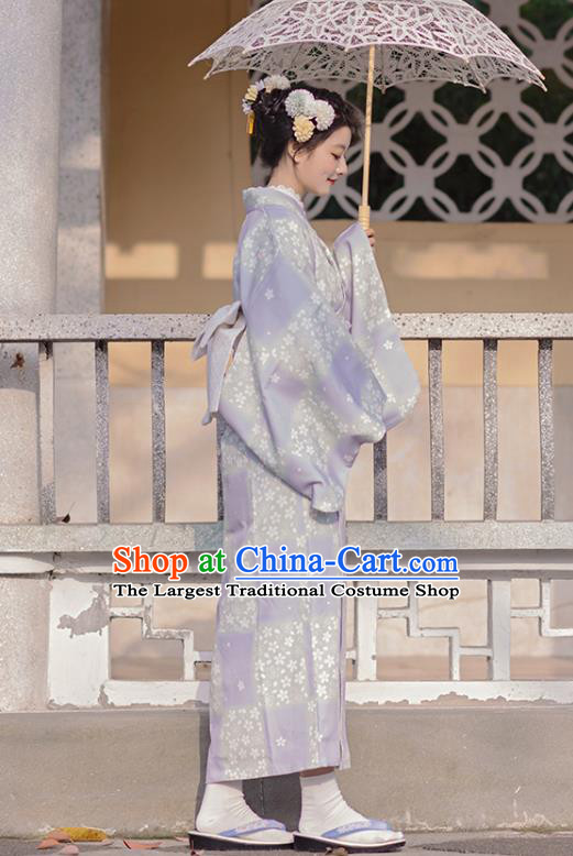 Japanese Traditional Young Lady Yukata Dress Asian Japan Printing Sakura Lilac Kimono Fashion