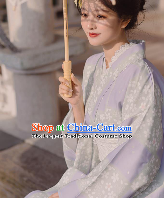 Japanese Traditional Young Lady Yukata Dress Asian Japan Printing Sakura Lilac Kimono Fashion