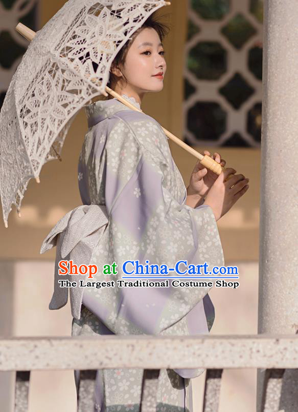 Japanese Traditional Young Lady Yukata Dress Asian Japan Printing Sakura Lilac Kimono Fashion