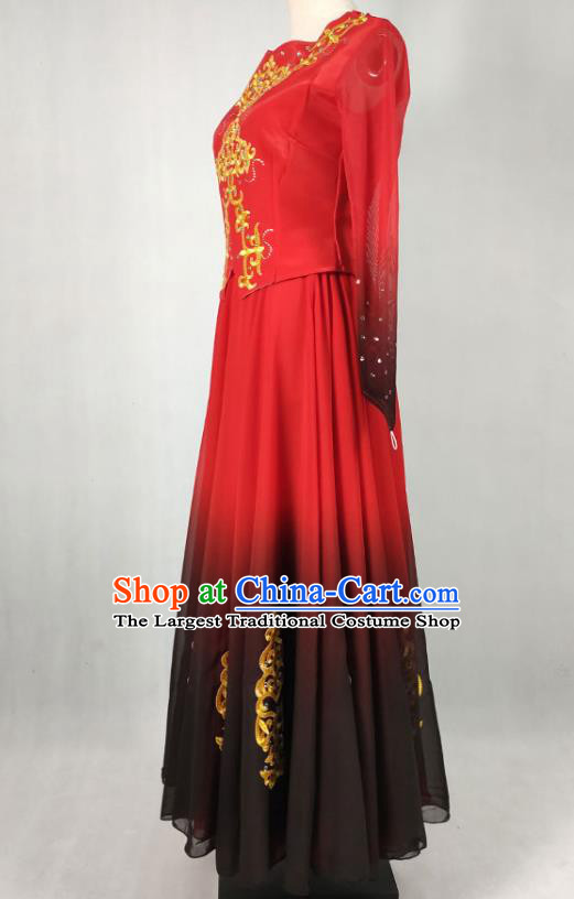 China Traditional Uyghur Nationality Stage Performance Clothing Xinjiang Ethnic Folk Dance Red Dress