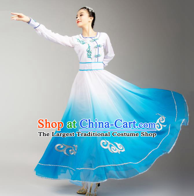 China Traditional Mongol Nationality Stage Performance Clothing Mongolian Ethnic Woman Dance Blue Dress