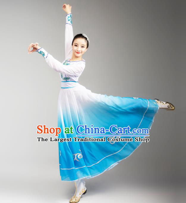 China Traditional Mongol Nationality Stage Performance Clothing Mongolian Ethnic Woman Dance Blue Dress