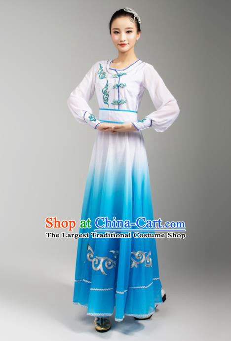 China Traditional Mongol Nationality Stage Performance Clothing Mongolian Ethnic Woman Dance Blue Dress