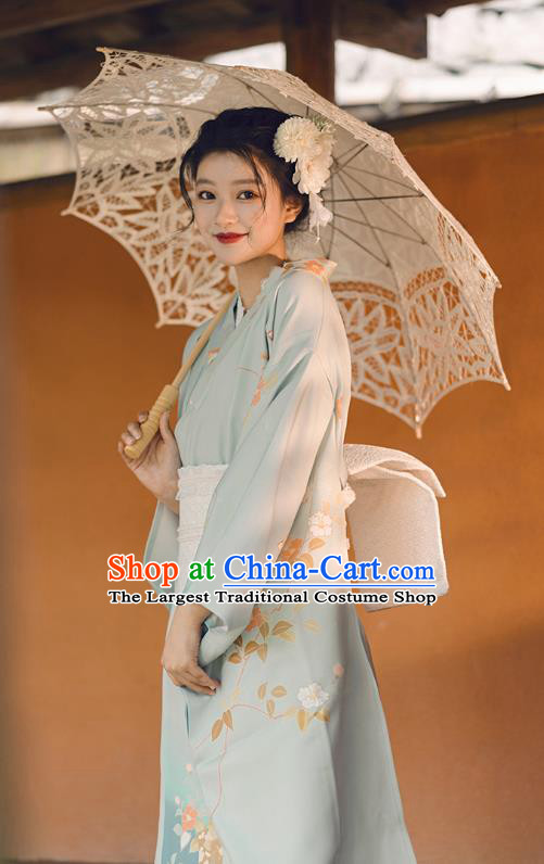 Japanese Traditional Summer Festival Yukata Dress Asian Japan Printing Blue Furisode Kimono Fashion
