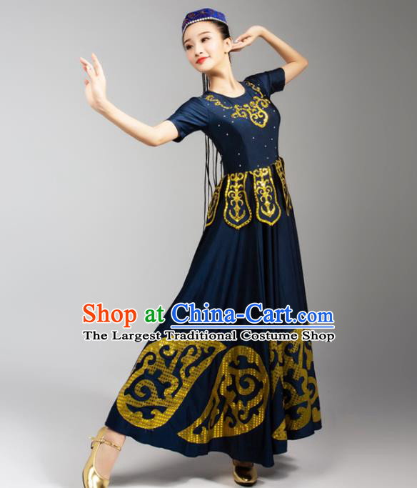 China Mongolian Ethnic Woman Dance Navy Dress Traditional Mongol Nationality Stage Performance Clothing
