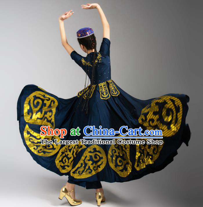 China Mongolian Ethnic Woman Dance Navy Dress Traditional Mongol Nationality Stage Performance Clothing