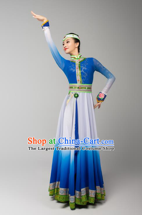 China Mongolian Ethnic Folk Dance Blue Dress Outfits Traditional Mongol Nationality Performance Clothing