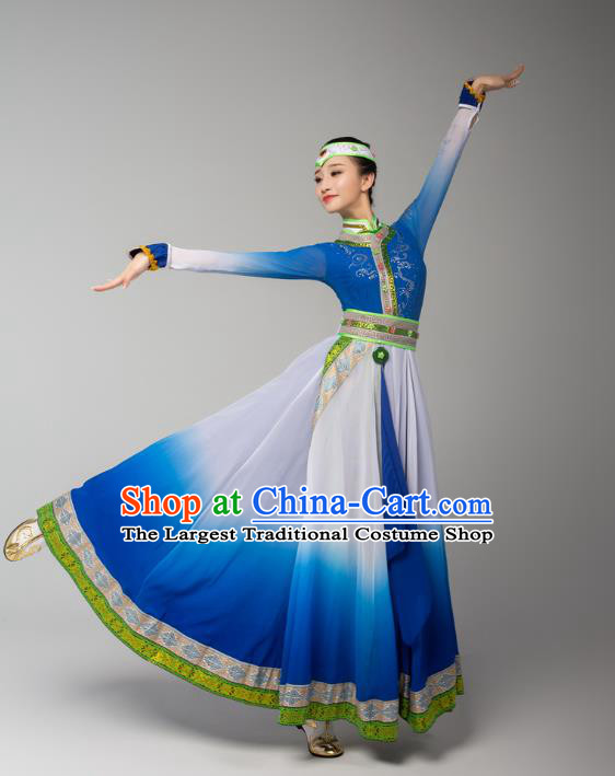 China Mongolian Ethnic Folk Dance Blue Dress Outfits Traditional Mongol Nationality Performance Clothing