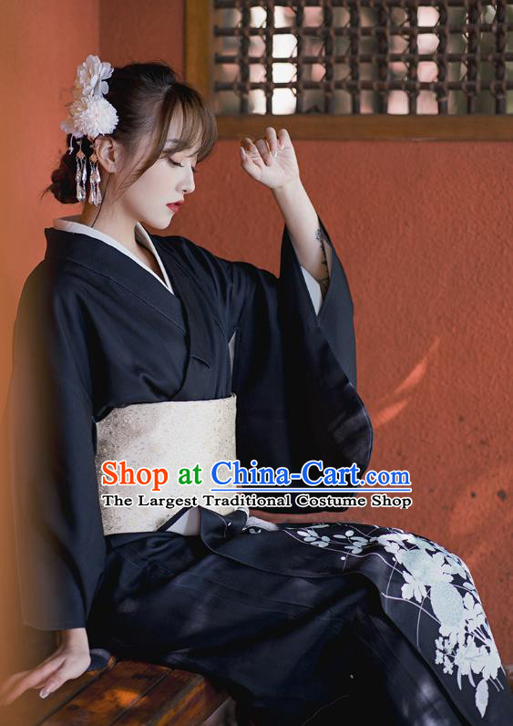 Japanese Traditional Printing Butterfly Black Yukata Clothing Asian Japan Young Lady Uchikake Kimono Dress