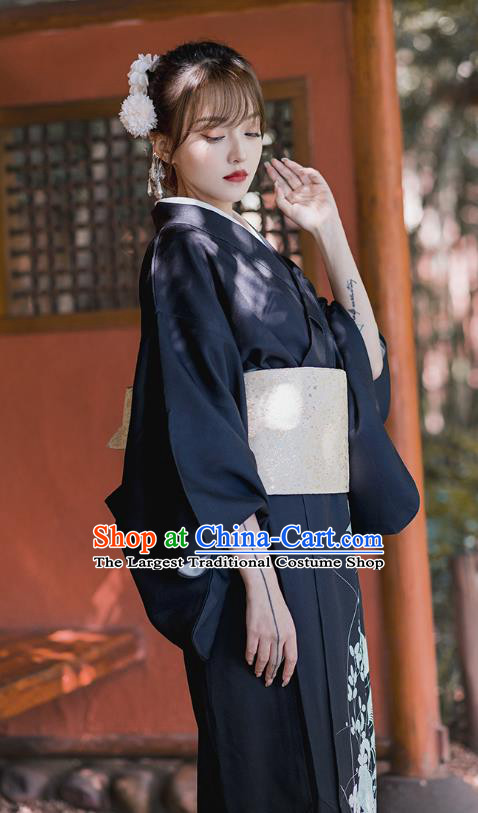 Japanese Traditional Printing Butterfly Black Yukata Clothing Asian Japan Young Lady Uchikake Kimono Dress