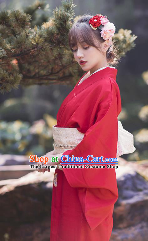Japanese Traditional Hanabi Taikai Printing Red Yukata Dress Asian Japan Young Lady Kimono Clothing