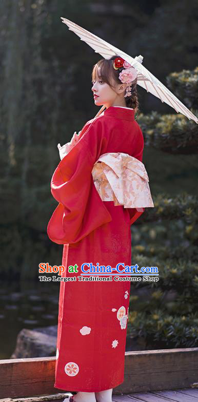 Japanese Traditional Hanabi Taikai Printing Red Yukata Dress Asian Japan Young Lady Kimono Clothing