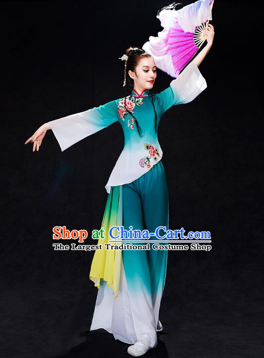 China Fan Dance Yangko Dance Clothing Folk Dance Solo Dance Green Uniforms
