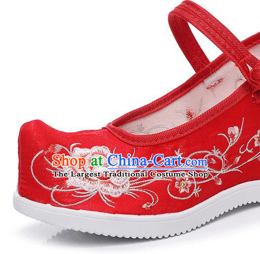 China National Bride Red Cloth Shoes Traditional Wedding Wedge Shoes Embroidered Peony Shoes