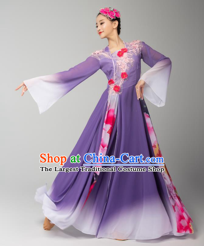 Chinese Umbrella Dance Violet Dress Traditional Fan Dance Performance Costumes Classical Dance Clothing