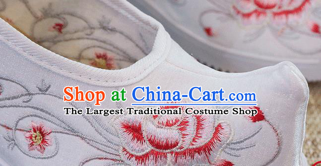 China Embroidered Peony Shoes National White Cloth Shoes Traditional Female Wedge Shoes