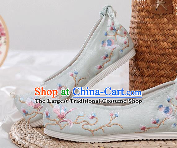 China Embroidered Mangnolia Shoes National Light Blue Satin Shoes Traditional Ming Dynasty Princess Bow Shoes