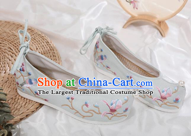 China Embroidered Mangnolia Shoes National Light Blue Satin Shoes Traditional Ming Dynasty Princess Bow Shoes