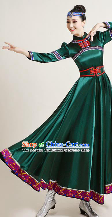 Chinese Mongolian Ethnic Dance Performance Costume Traditional Mongol Nationality Dance Competition Green Dress