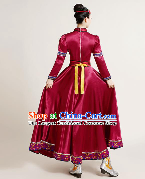 Chinese Traditional Mongol Nationality Dance Competition Wine Red Dress Mongolian Ethnic Dance Performance Costume