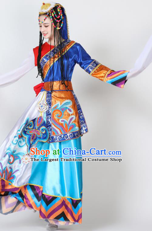 Chinese Tibetan Ethnic Dance Costume Traditional Zang Nationality Stage Performance Blue Dress Outfits