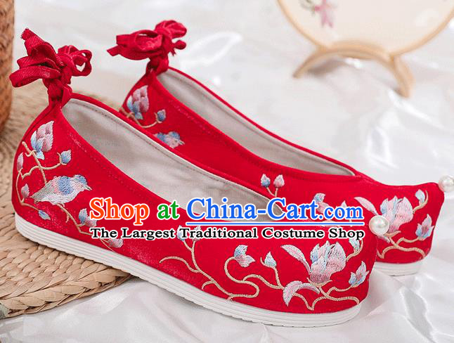 China National Wedding Red Satin Shoes Traditional Ming Dynasty Princess Bow Shoes Embroidered Mangnolia Shoes