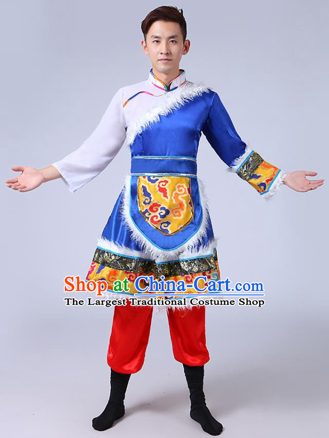 Chinese Traditional Zang Nationality Folk Dance Royalblue Outfits Tibetan Ethnic Minority Stage Performance Costume