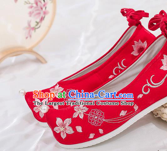 China National Red Shoes Traditional Wedding Princess Bow Shoes Embroidered Plum Blossom Shoes