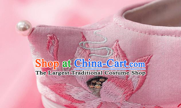 China Traditional Hanfu Bow Shoes Embroidered Lotus Shoes Ancient Princess Pink Cloth Shoes