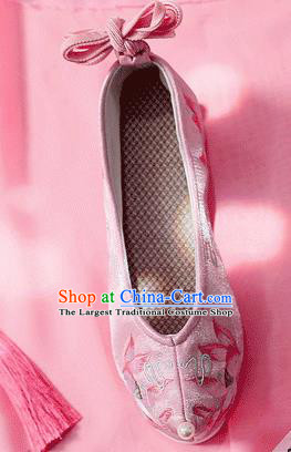 China Traditional Hanfu Bow Shoes Embroidered Lotus Shoes Ancient Princess Pink Cloth Shoes