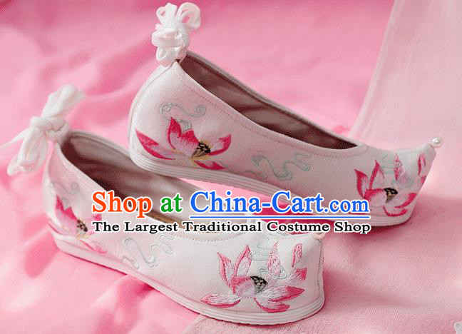 China Ancient Princess White Cloth Shoes Traditional Hanfu Bow Shoes Embroidered Lotus Shoes