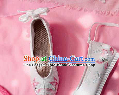 China Ancient Princess White Cloth Shoes Traditional Hanfu Bow Shoes Embroidered Lotus Shoes