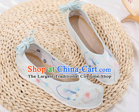 China Traditional Hanfu Shoes Embroidered Light Blue Cloth Shoes Ancient Princess Bow Shoes