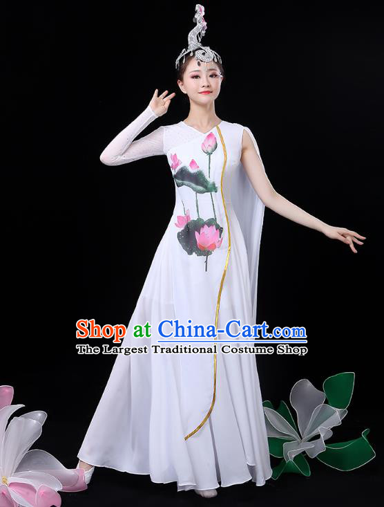 Chinese Umbrella Dance White Dress Traditional Lotus Dance Performance Clothing Classical Dance Costume
