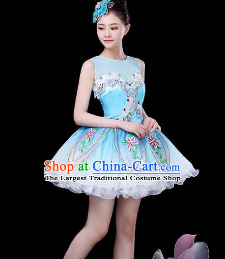 China Jazz Dance Embroidered Blue Bubble Dress Spring Festival Gala Opening Dance Costume Modern Dance Clothing