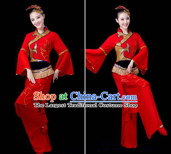 China Drum Dance Costume Yangko Dance Red Uniforms Folk Dance Fan Dance Clothing