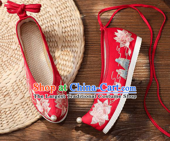 China Handmade Bride Bow Shoes Traditional Wedding Shoes Embroidered Lotus Shoes Hanfu Shoes