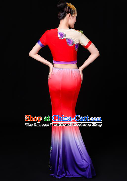 Chinese Yunnan Ethnic Performance Costume Traditional Dai Minority Nationality Peacock Dance Red Dress Outfits